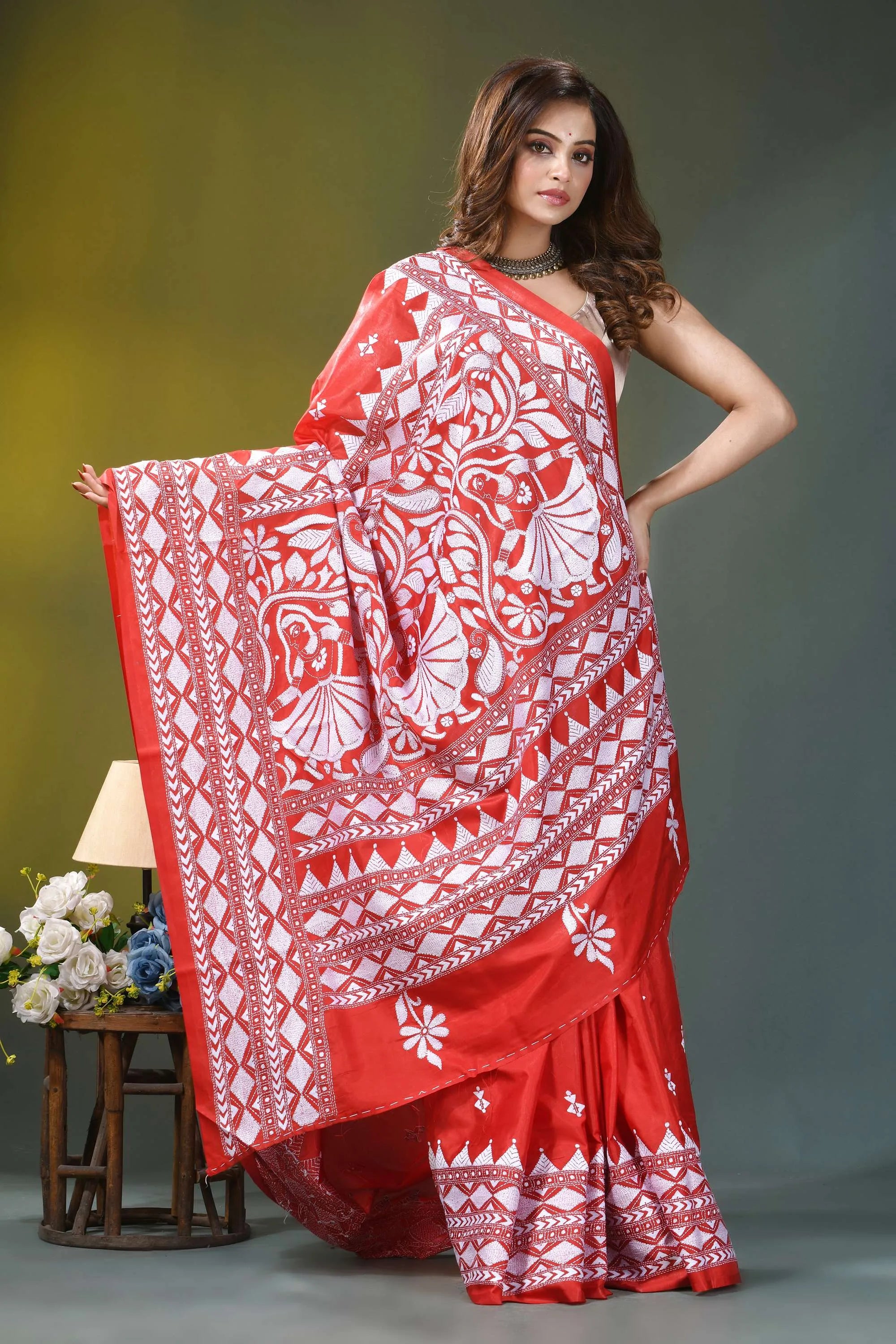 Folk motif vermilion red hand kantha embroidery silk saree vibrant red white traditional indian 5