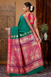 Forest green bomkai silk saree with zari border - stylish and elegant green pink saree gold accents 4