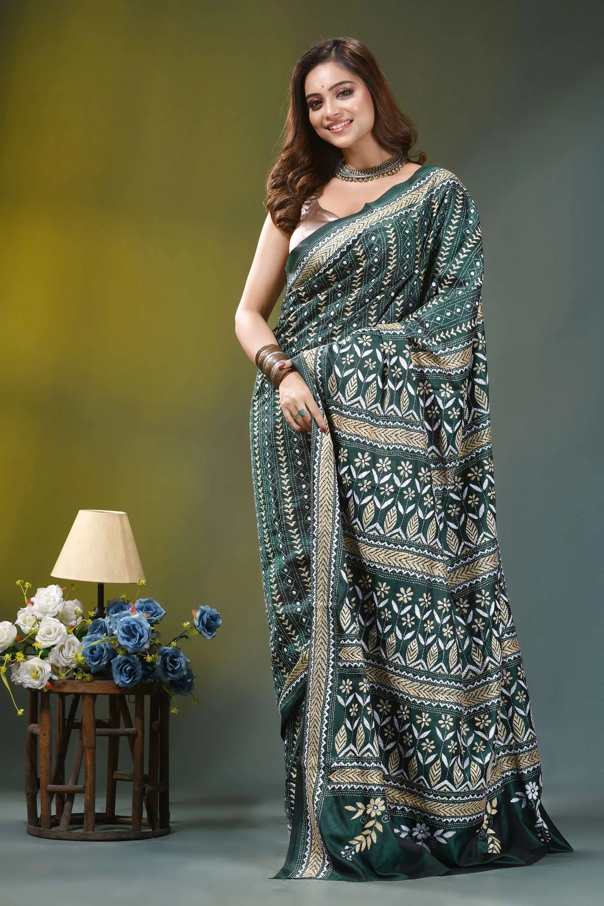 Forest green floral pattern hand embroidery silk kantha saree dark green saree intricate white 4