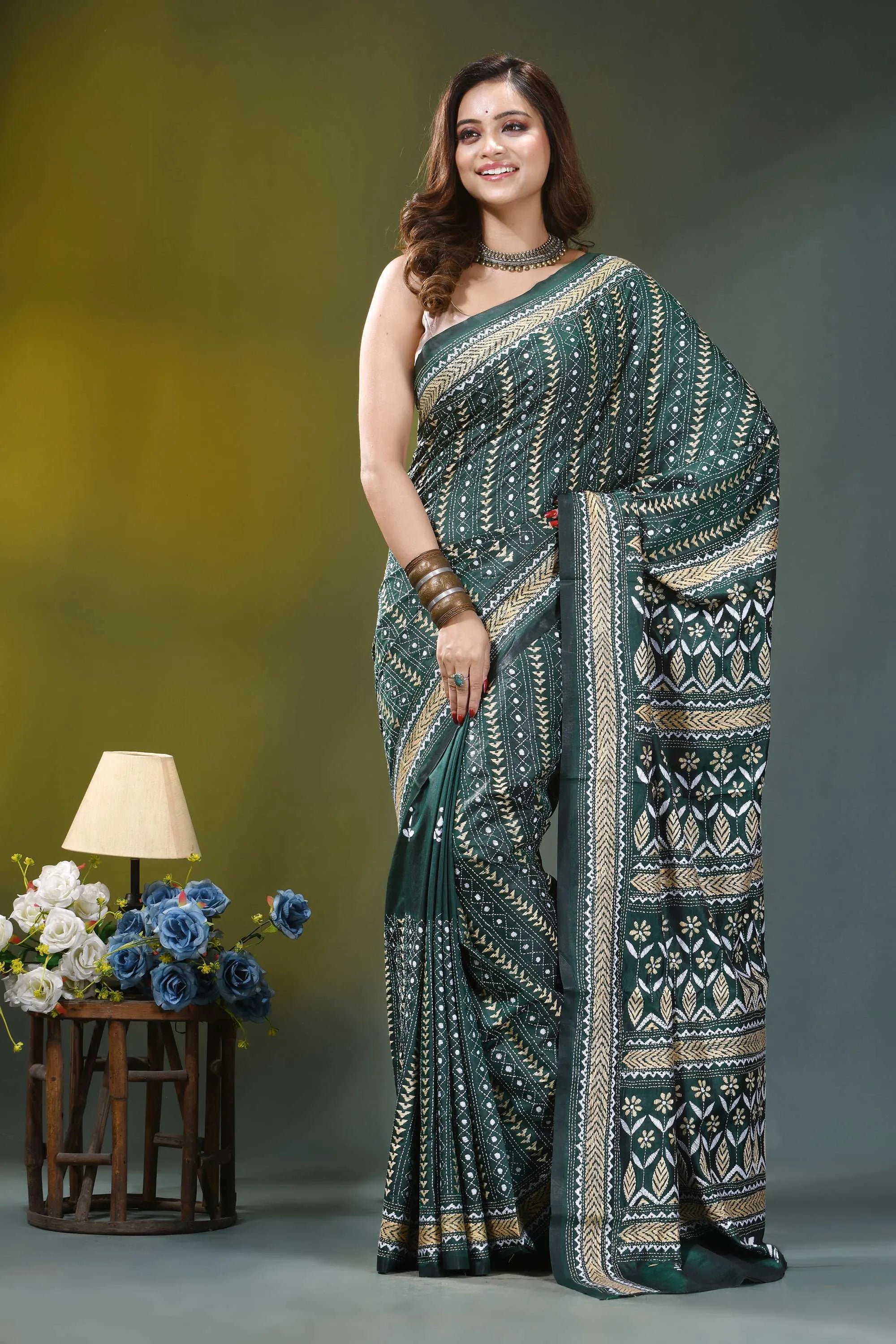Forest green floral pattern hand embroidery silk kantha saree emerald green silk saree intricate 7