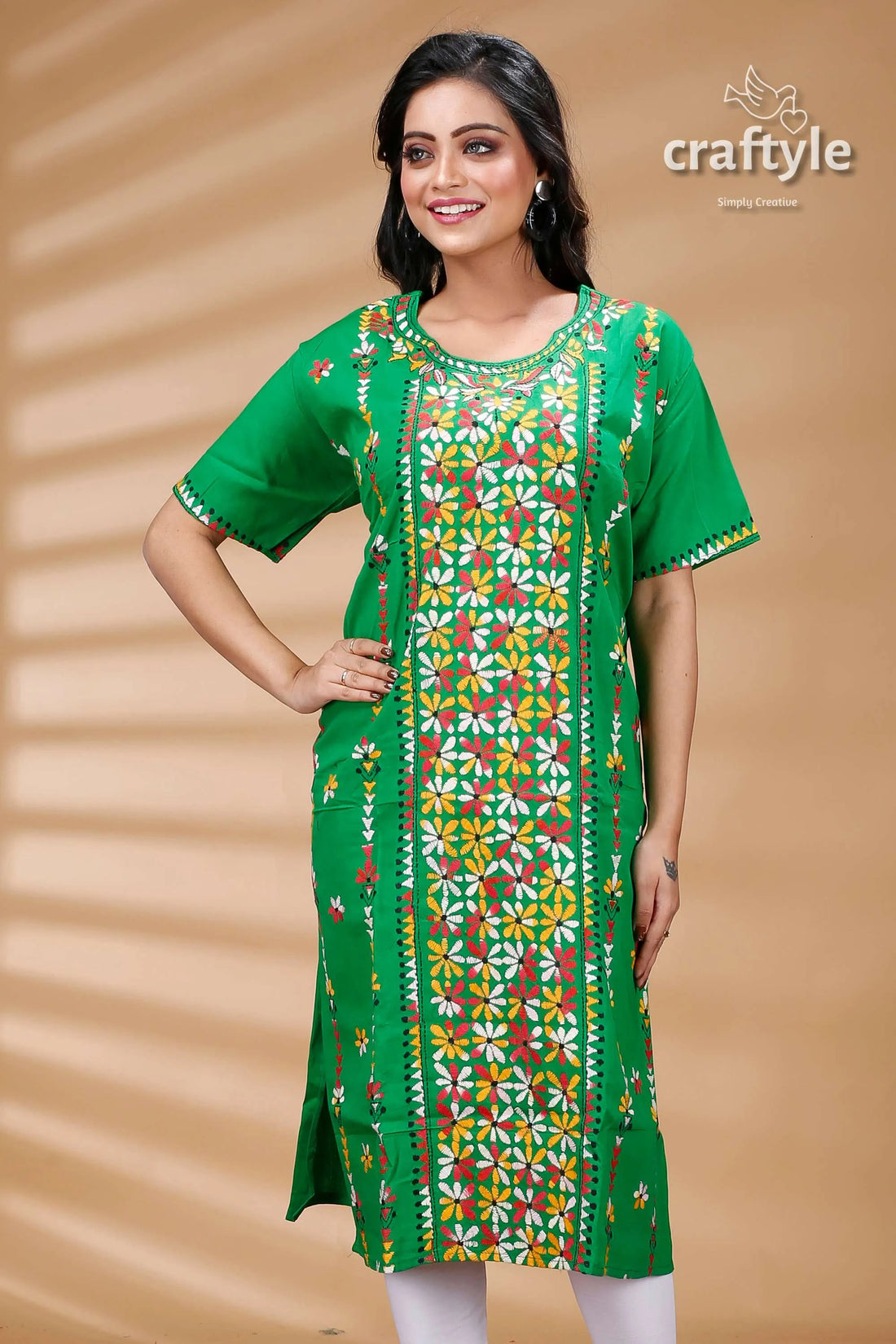 Forest green multithread cotton kantha kurti with short sleeves embroidered kurta 2