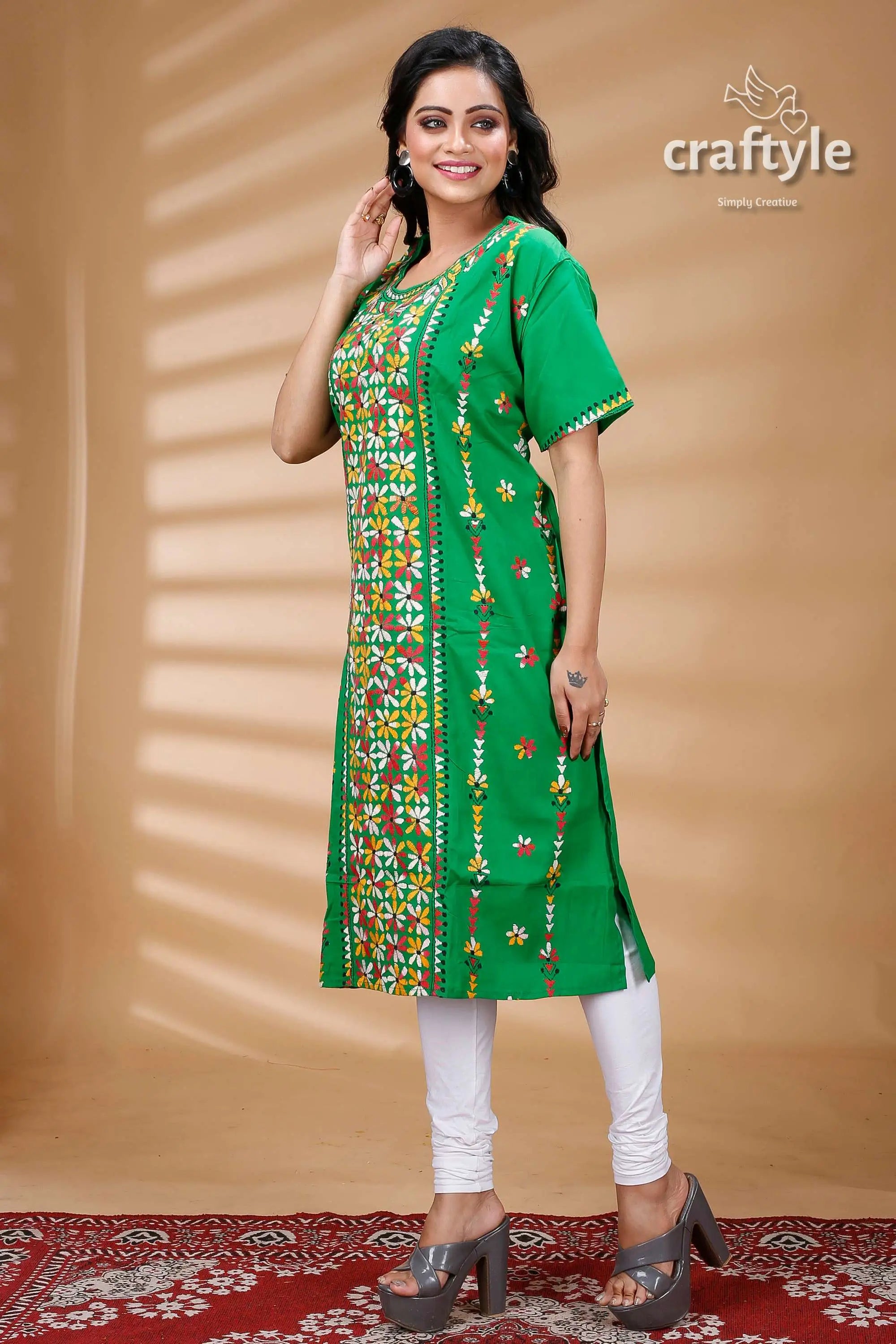 Forest green multithread cotton kantha kurti with short sleeves green embroidered kurta 1
