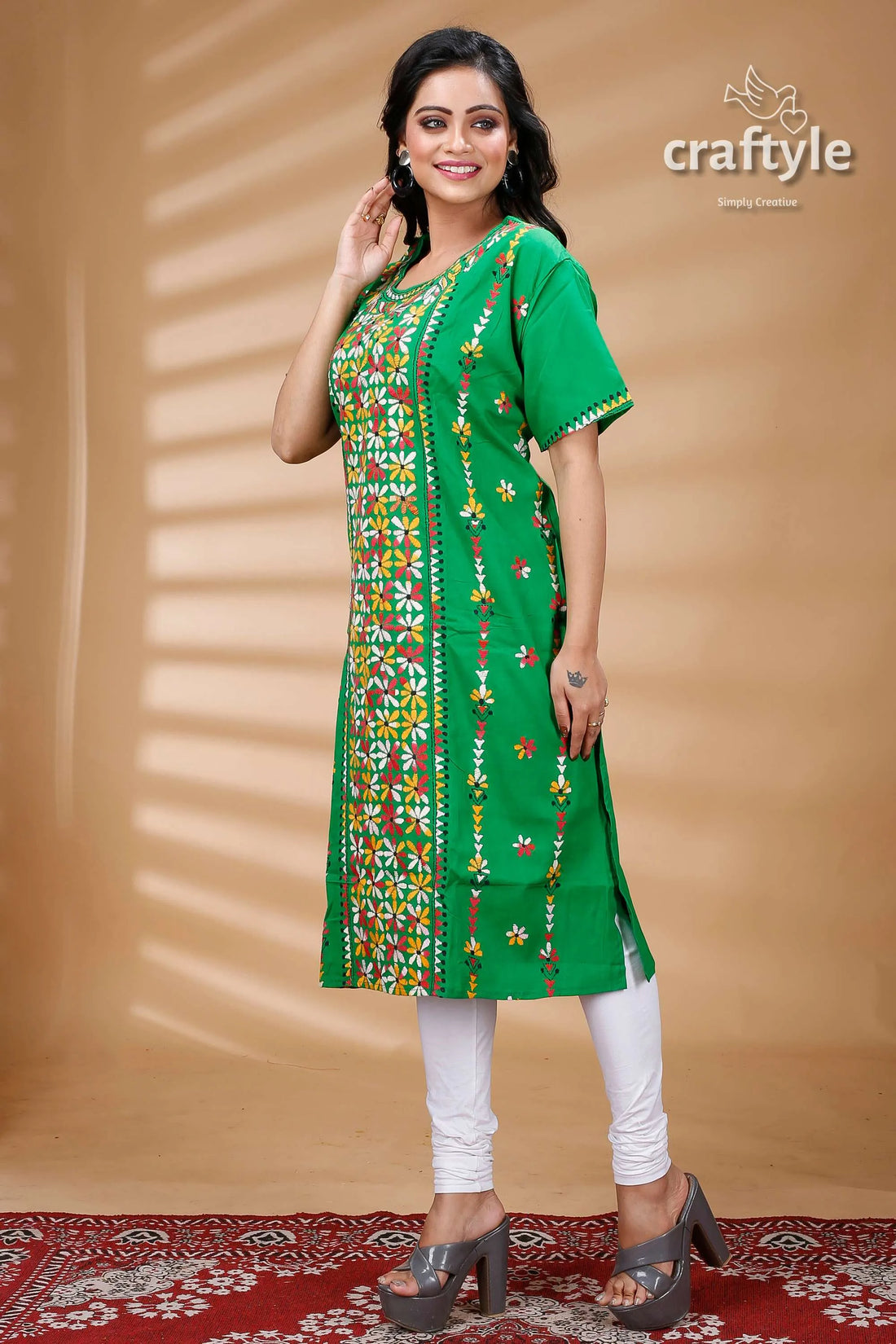 Forest green multithread cotton kantha kurti with short sleeves embroidered kurta 1