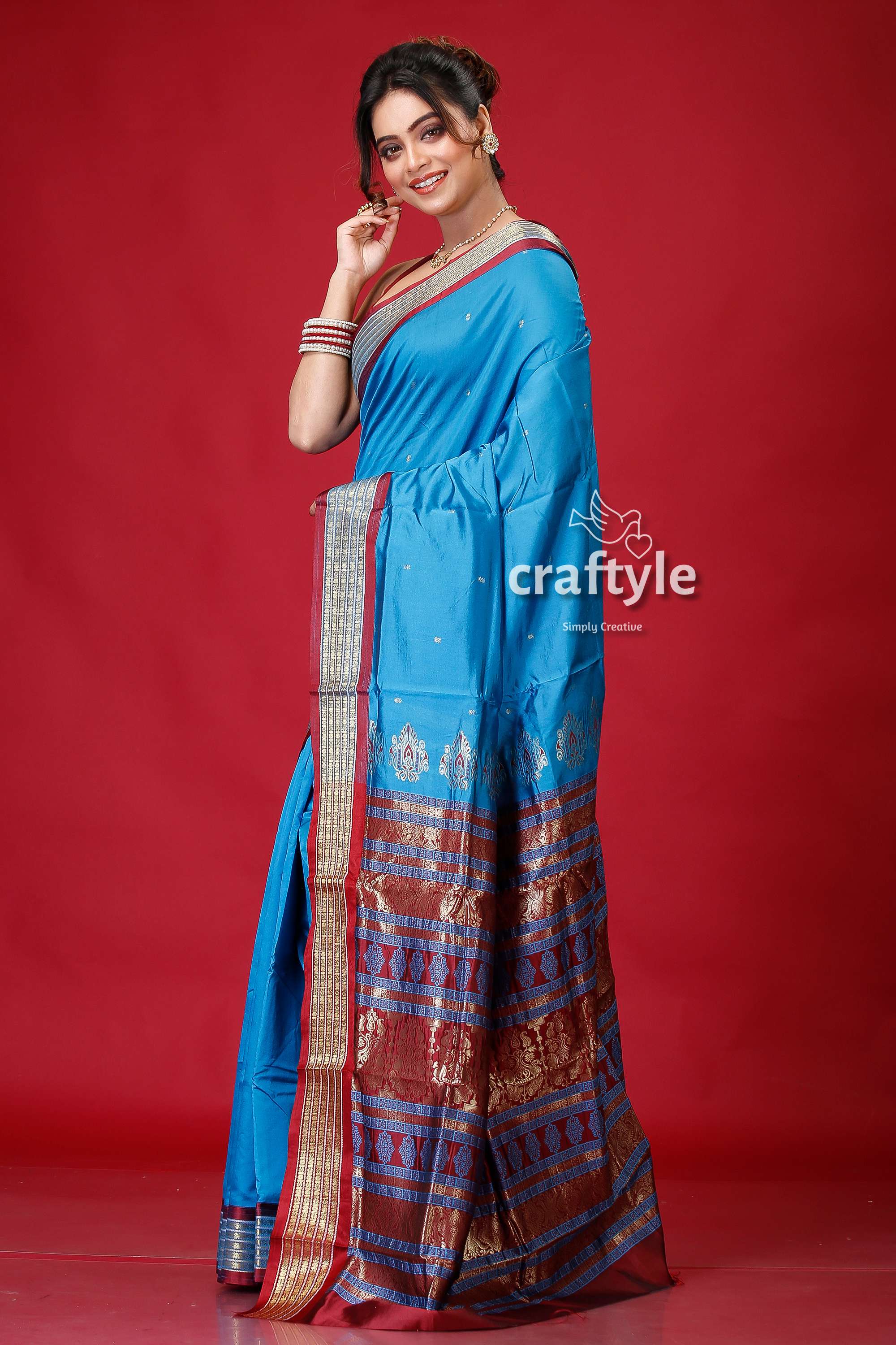 French Blue Zari Border Bomkai Silk Saree-Craftyle