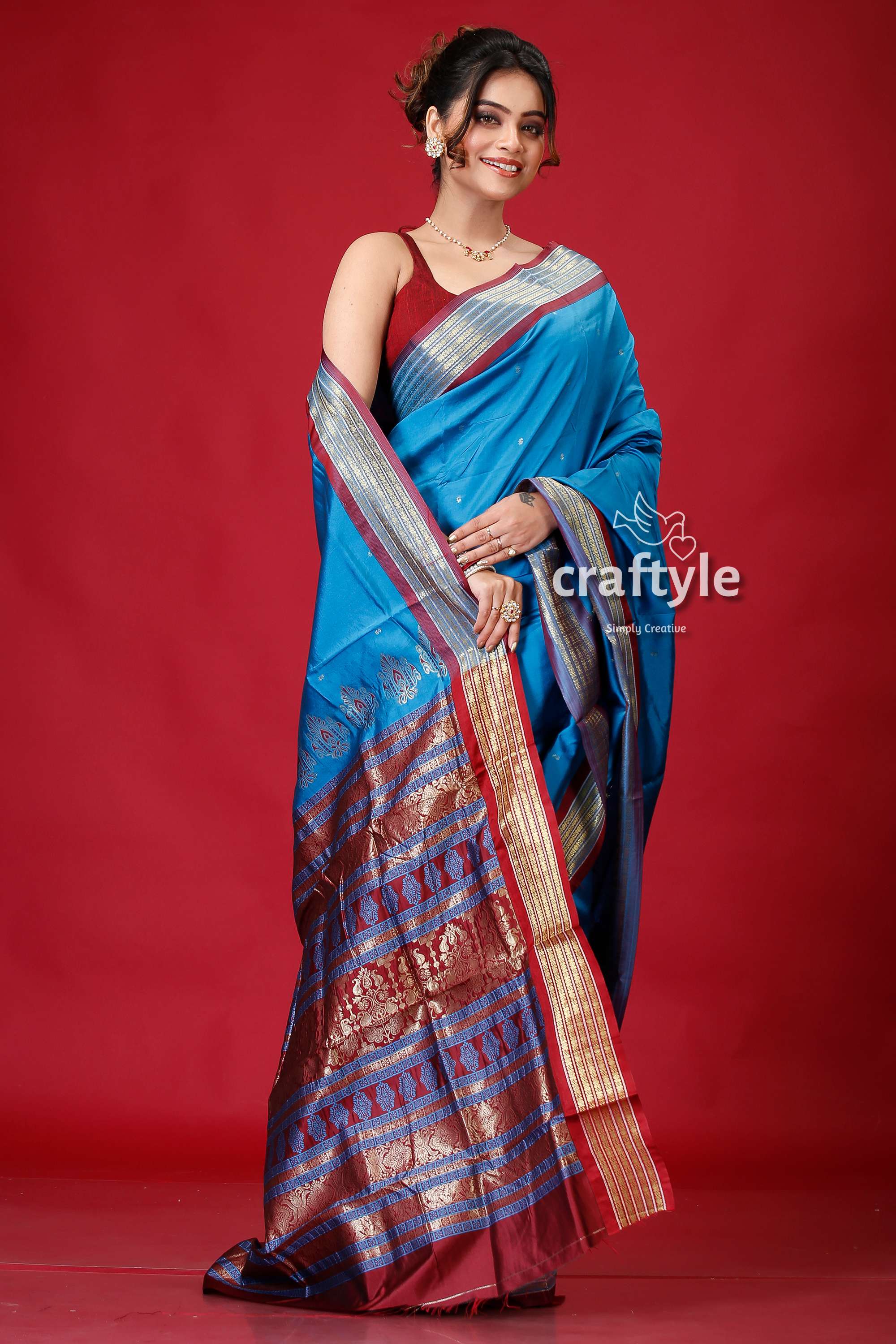 French Blue Zari Border Bomkai Silk Saree-Craftyle