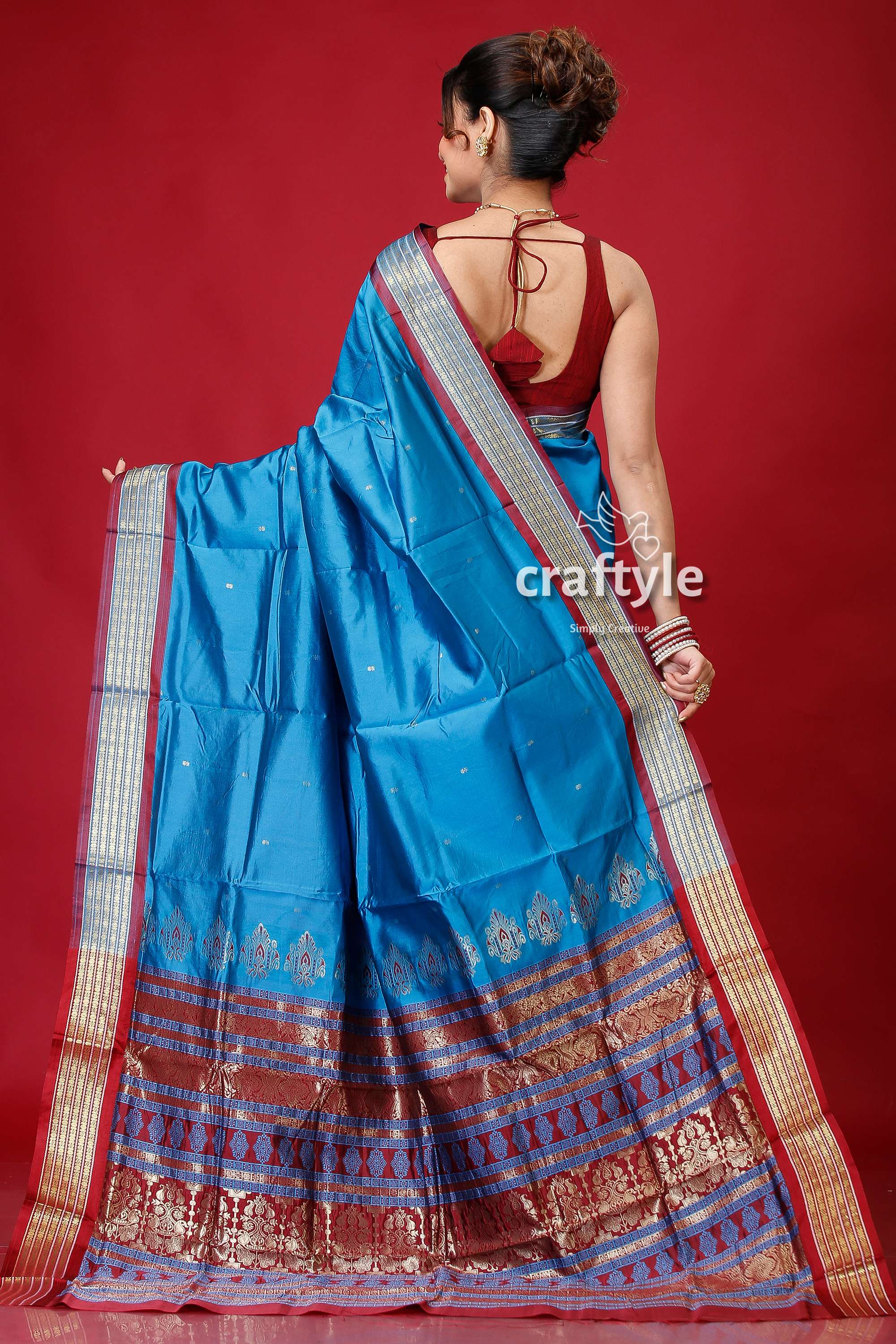 French Blue Zari Border Bomkai Silk Saree-Craftyle
