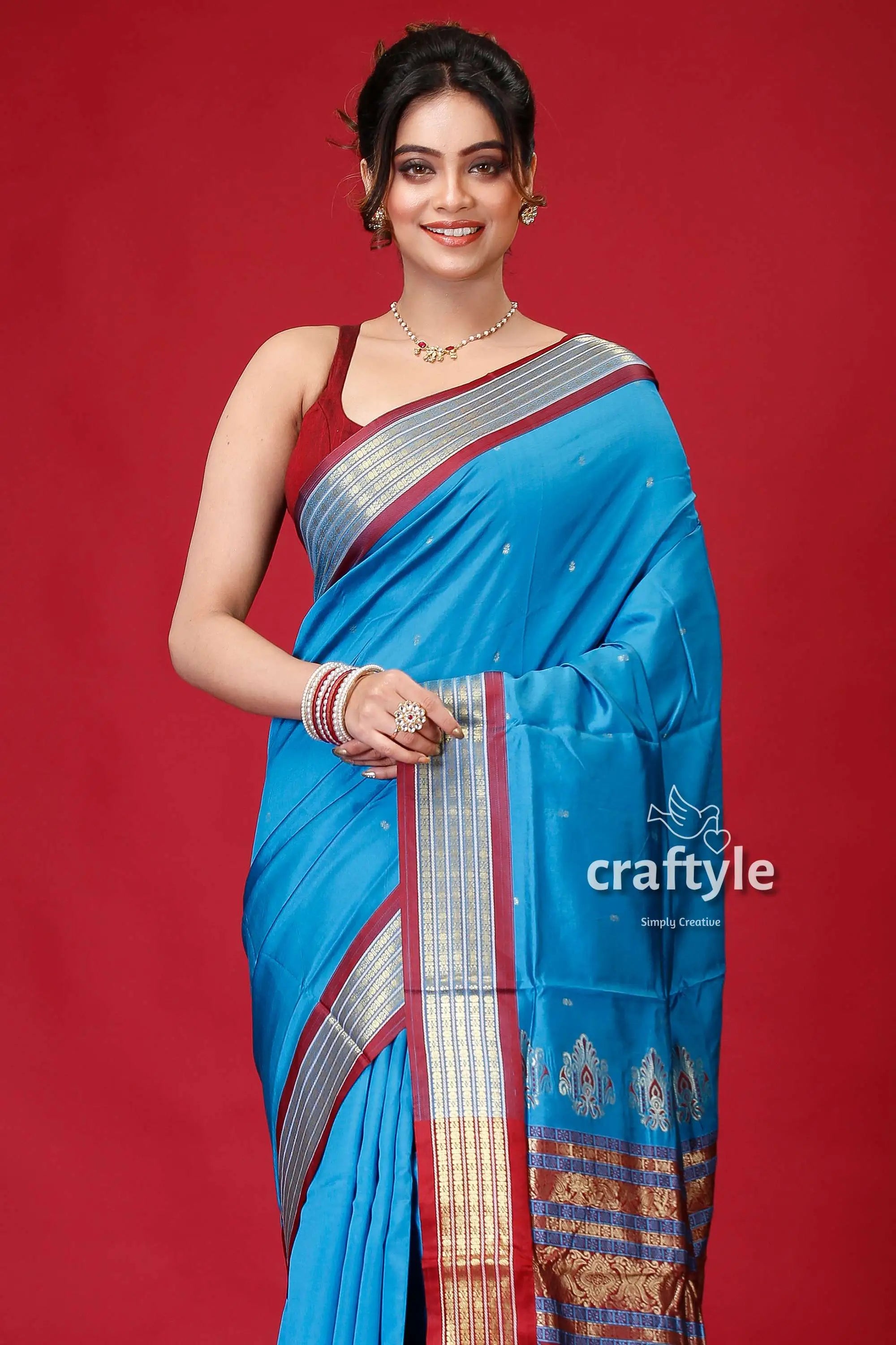 French blue zari border bomkai silk saree blue saree silver red border 2