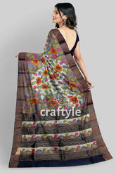 French grey zari border pure tussar kalamkari sari - hand painted indian ethnic wear floral-patterned saree 5