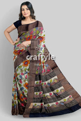 French grey zari border pure tussar kalamkari sari - hand painted indian ethnic wear woman floral-patterned saree 4
