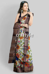 French grey zari border pure tussar kalamkari sari - hand painted indian ethnic wear floral-patterned saree brown