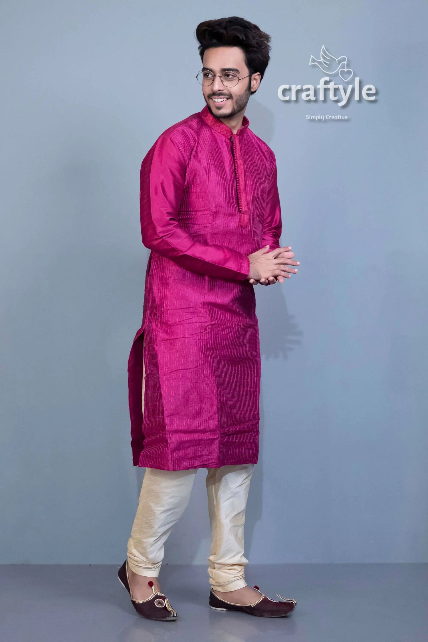 French plum soft silk embroidered kurta for men man magenta kurta cream pants 4