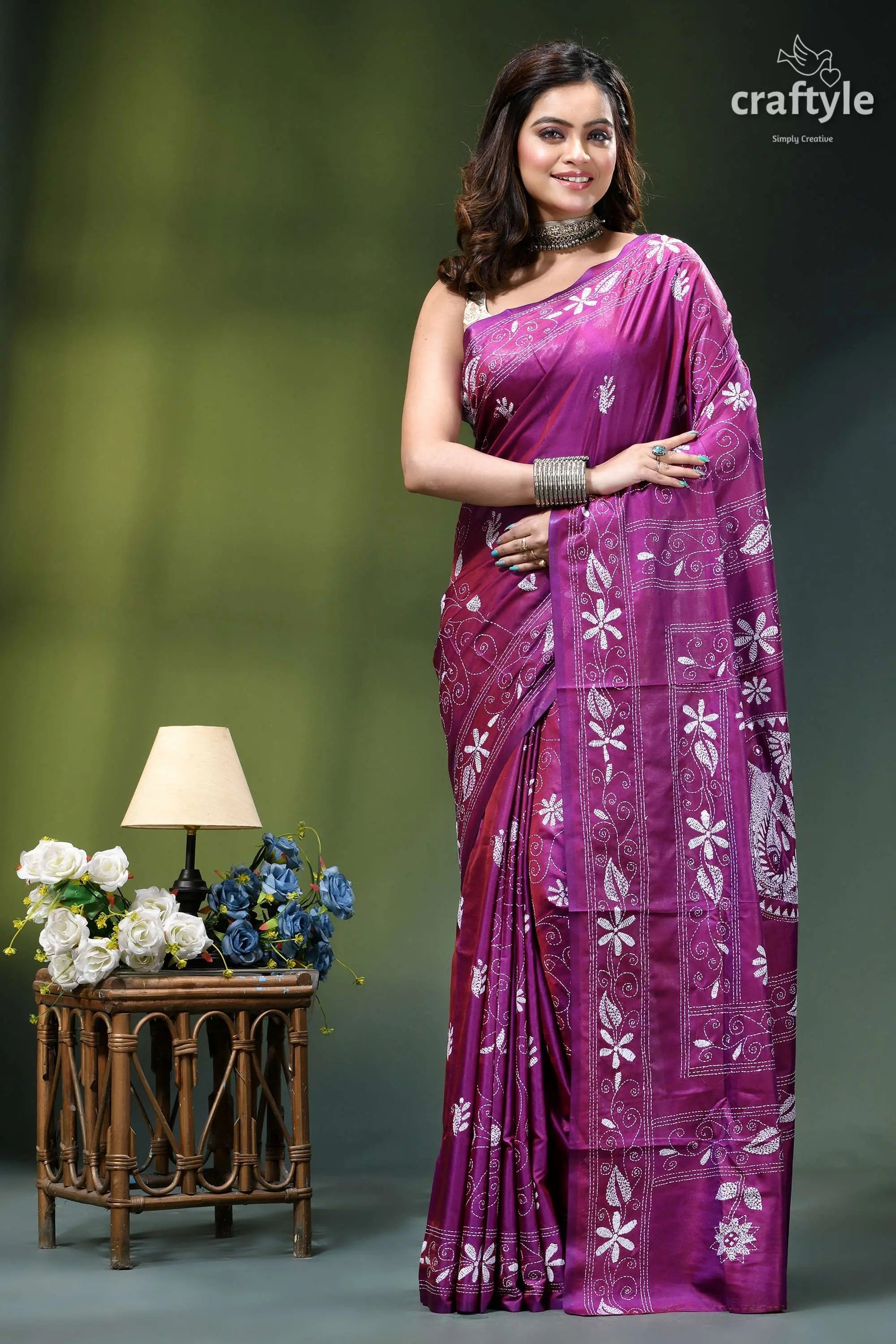 French plum white fish motif kantha stitched silk saree vibrant purple saree intricate white 1