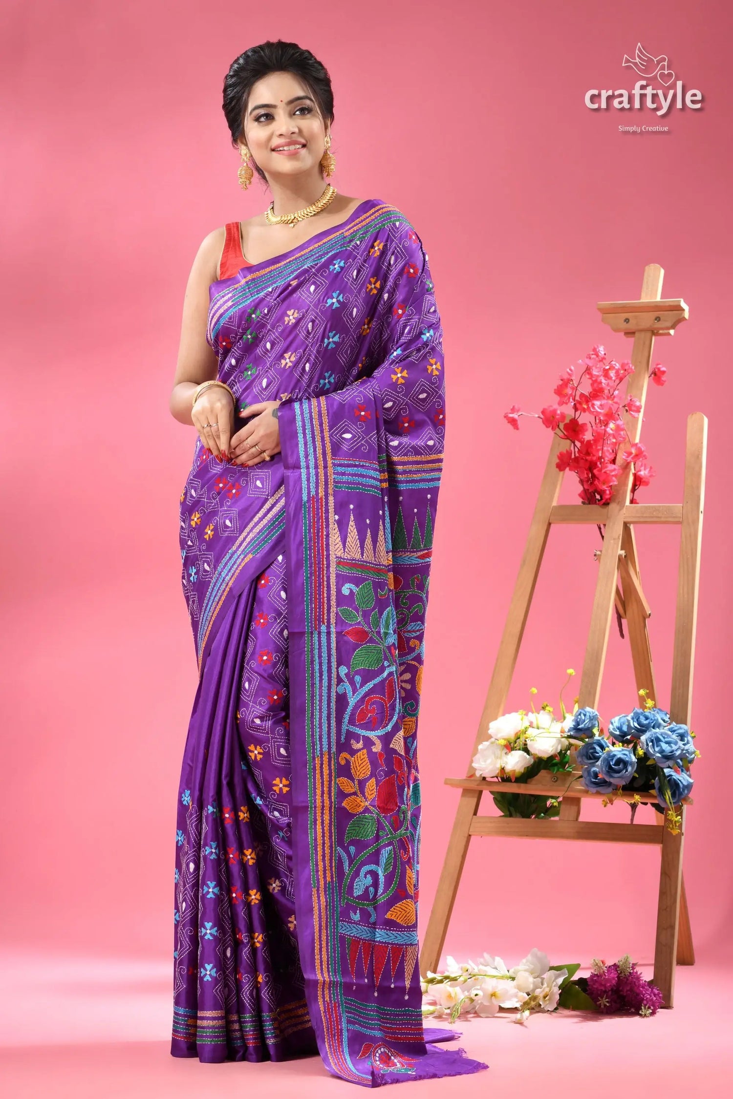 French violet designer handmade silk kantha saree woman vibrant purple saree intricate 1