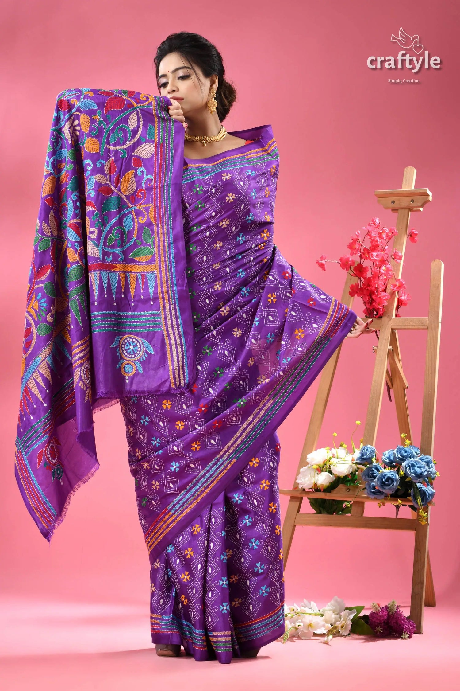 French violet designer handmade silk kantha saree purple saree colorful embroidered floral 4