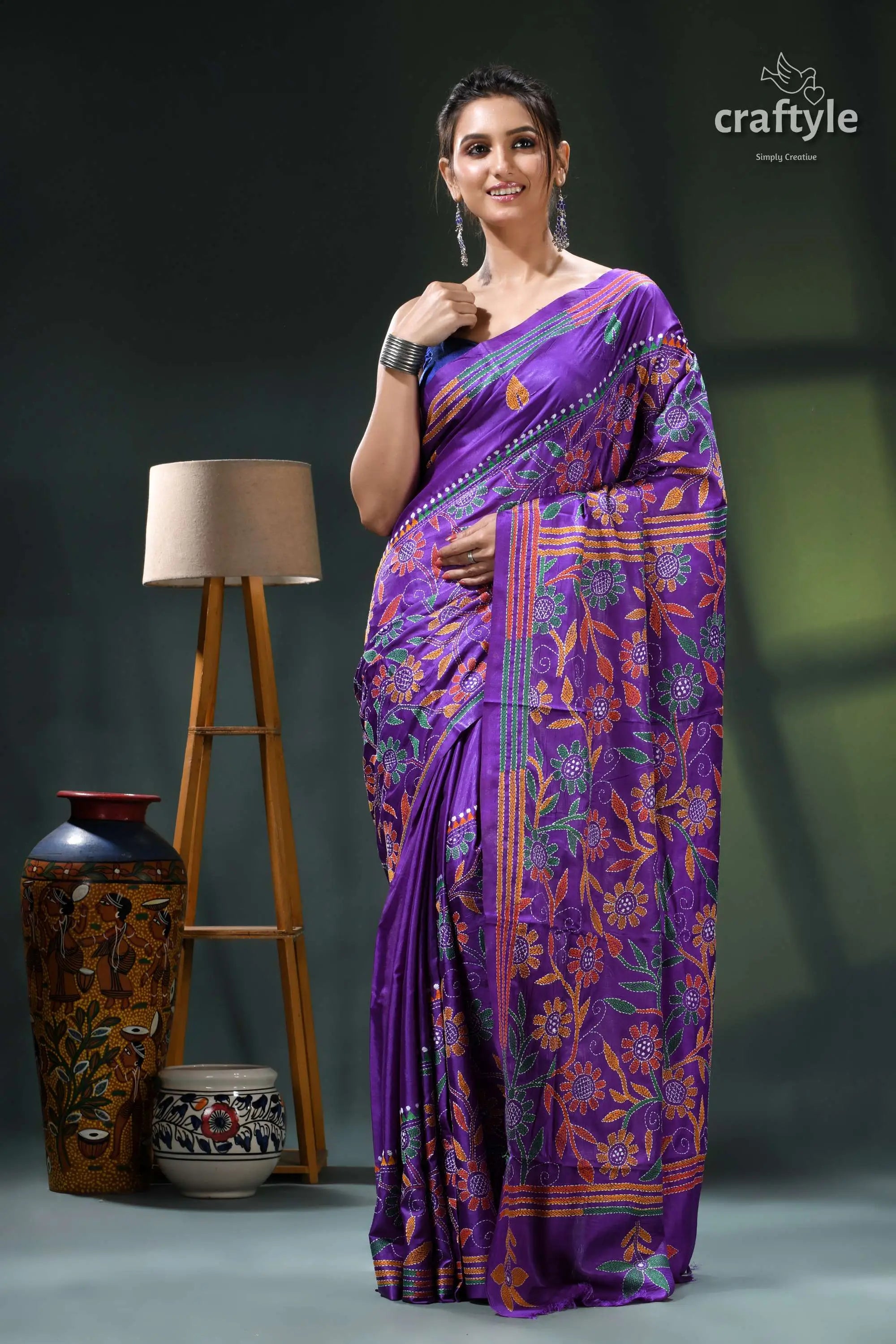 French violet floral design hand embroidered kantha silk saree purple gold saree intricate floral 7