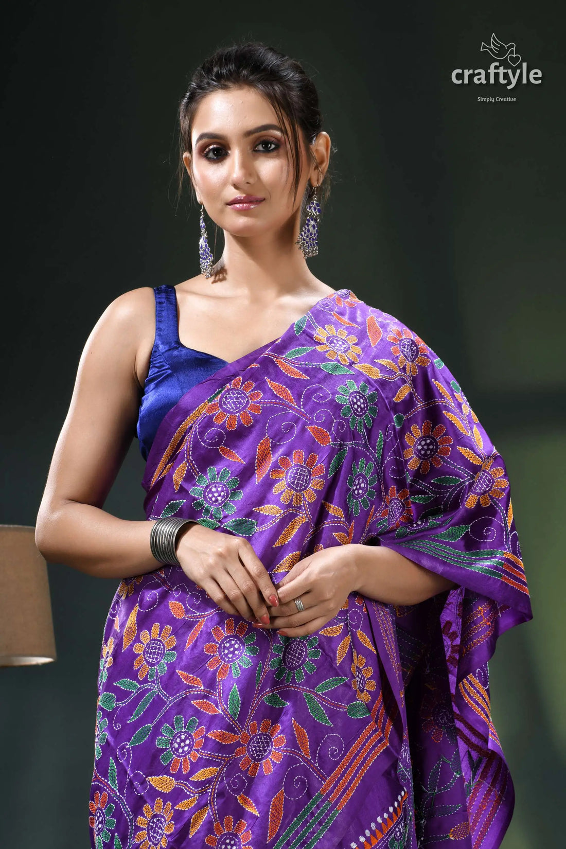 French violet floral design hand embroidered kantha silk saree purple floral saree blue accents 2