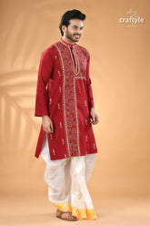 French wine kantha embroidered cotton mens kurta men’s red embroidered kurta white 3