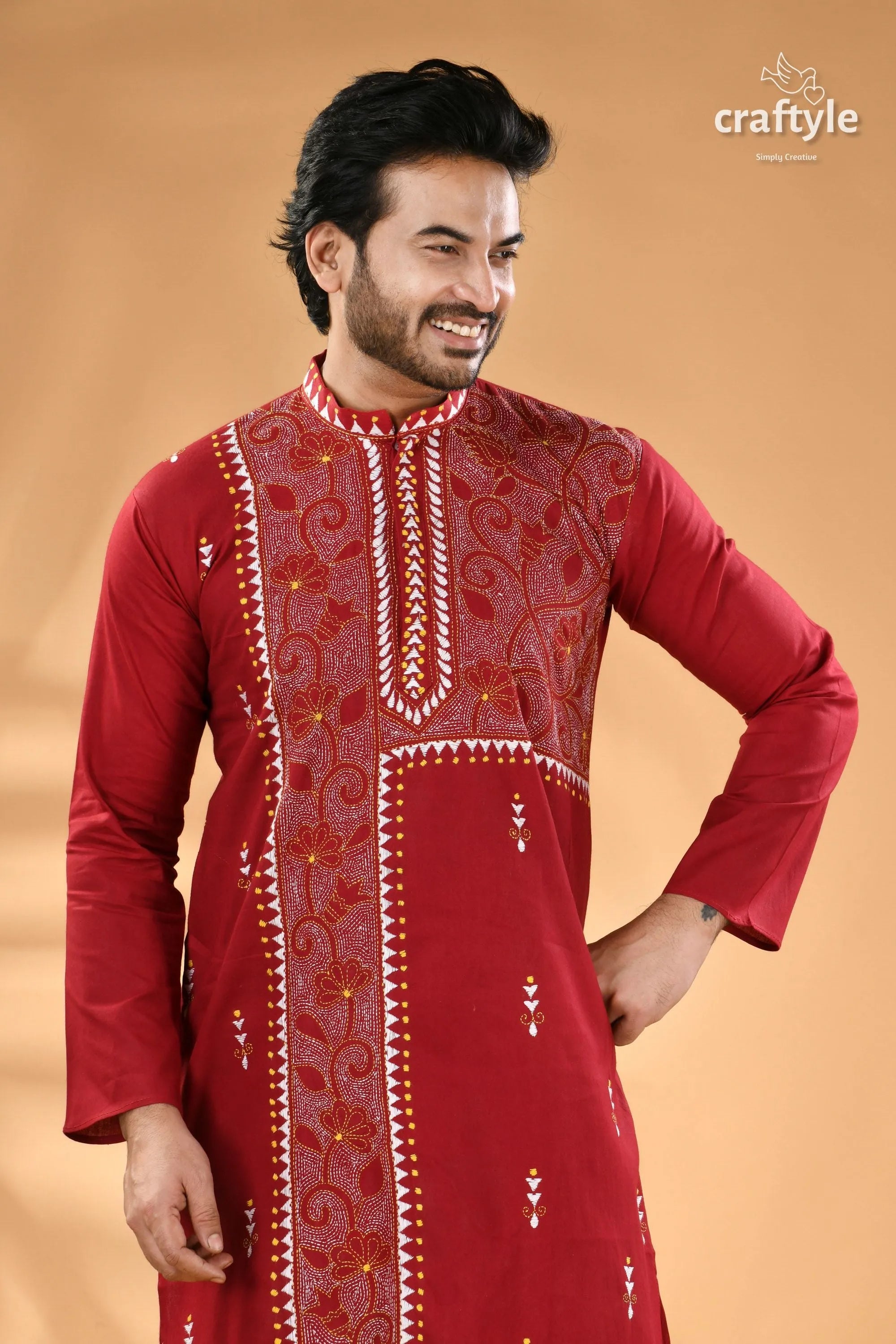 French wine kantha embroidered cotton mens kurta men’s red embroidered long-sleeve kurta 2