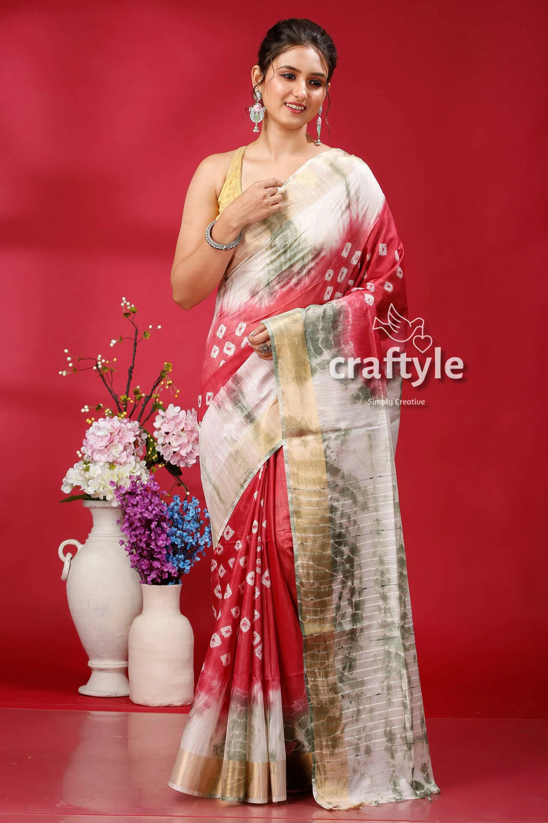 French wine-white bandhni silk saree - unique and elegant red white 1