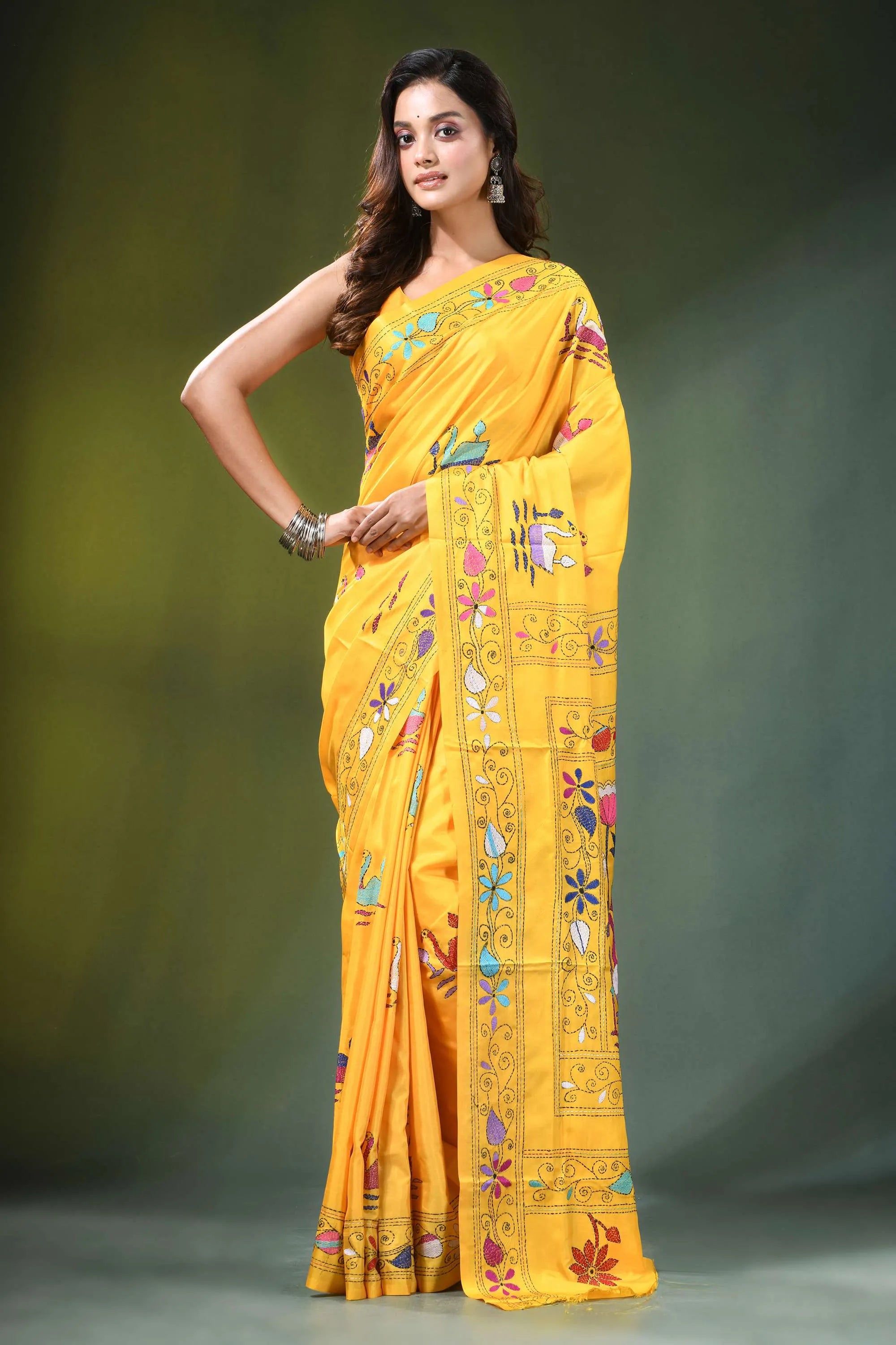 Fuel yellow hand embroidered swan motif kantha embroidery silk saree vibrant adorned intricate 6