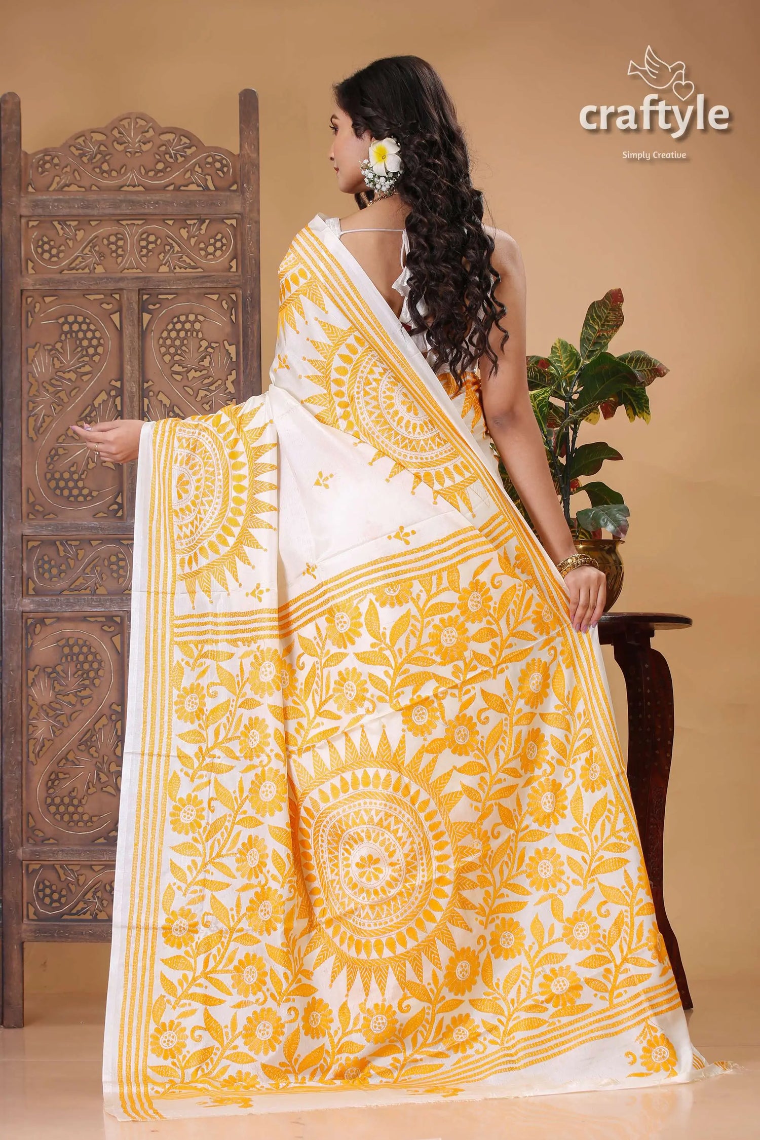 Fuel yellow white floral motif silk kantha saree white saree yellow embroidery 4