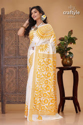 Fuel yellow white floral motif silk kantha saree white saree yellow floral embroidery 3
