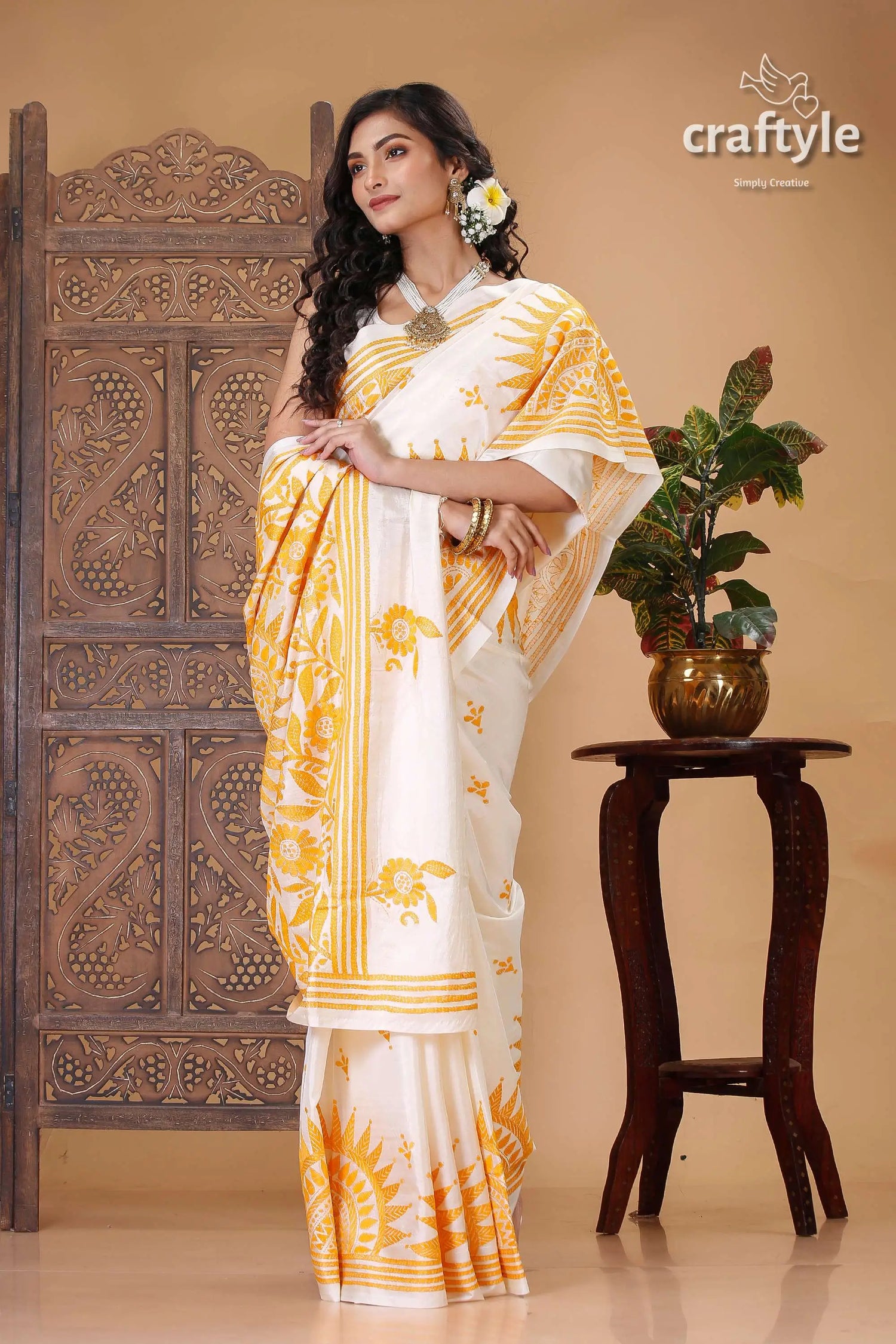 Fuel yellow white floral motif silk kantha saree white saree yellow patterns 5