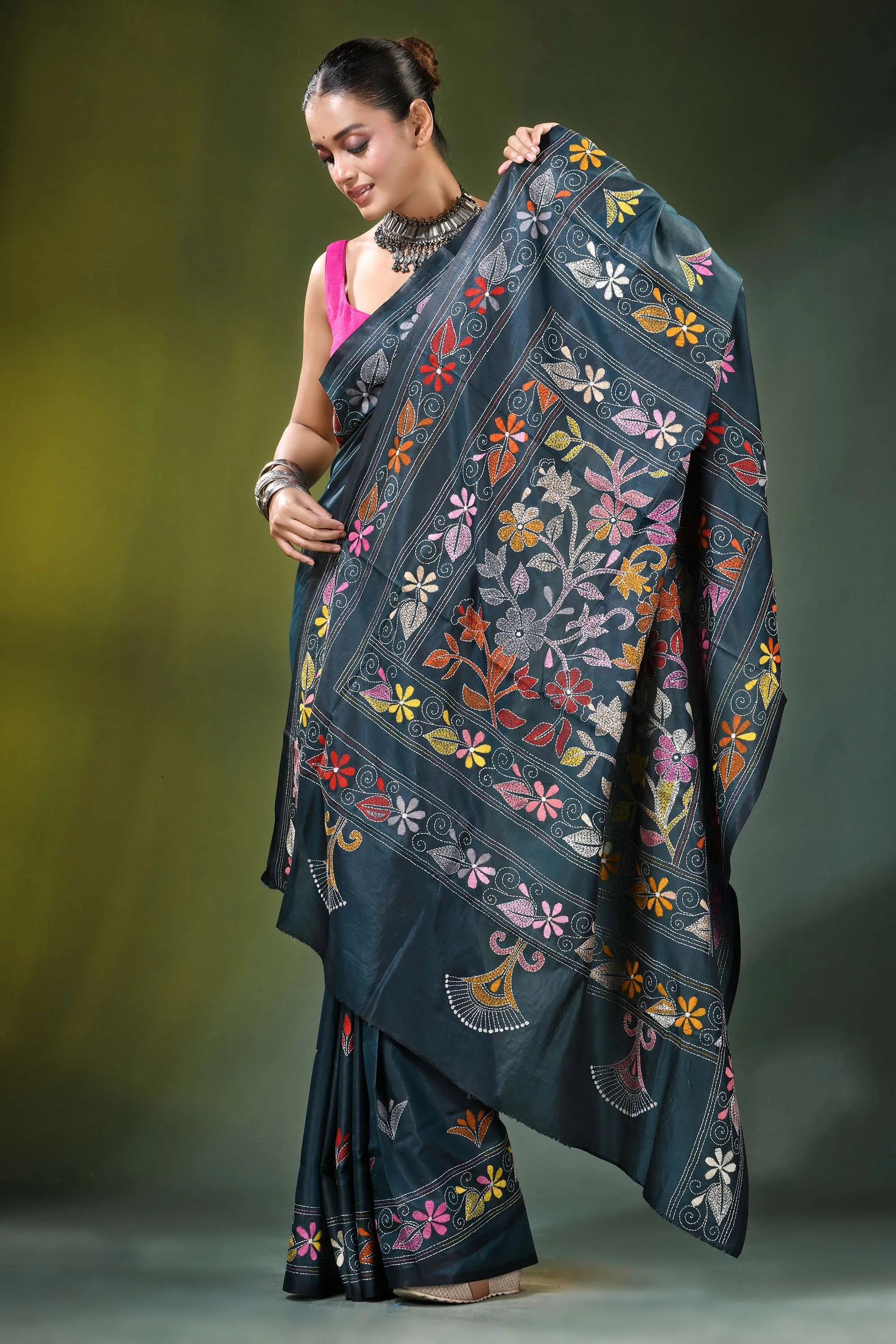 Gable green floral motif handcrafted silk kantha saree dark teal adorned 5