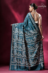 Gable green hand gujrati embroidery kantha silk saree embroidered teal saree 4