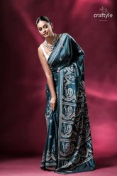 Gable green hand gujrati embroidery kantha silk saree elegant teal saree intricate white 5