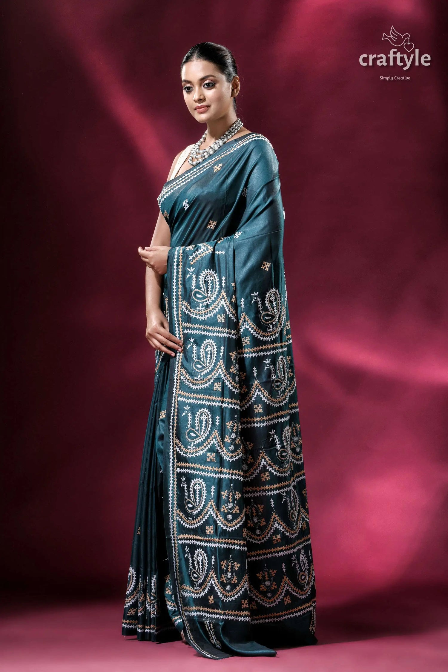 Gable green hand gujrati embroidery kantha silk saree elegant teal saree intricate embroidery 3