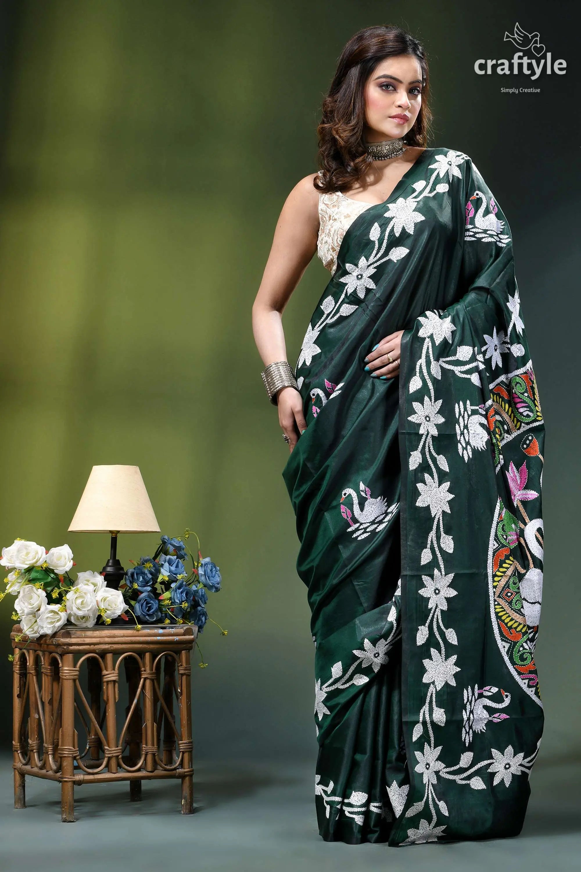 Gable green premium swan design kantha silk saree dark green silk saree intricate 7