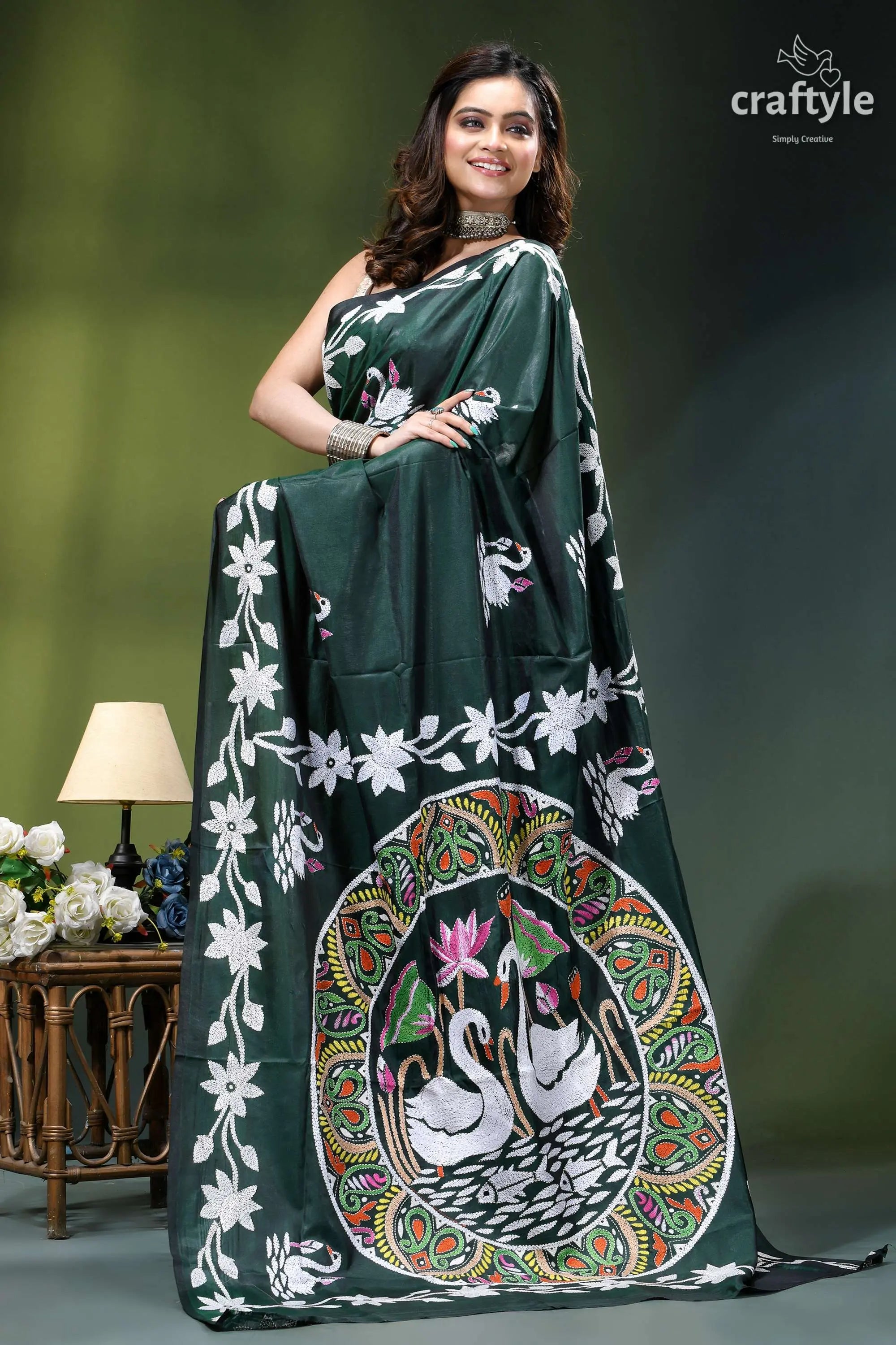Gable green premium swan design kantha silk saree dark green silk saree adorned 4