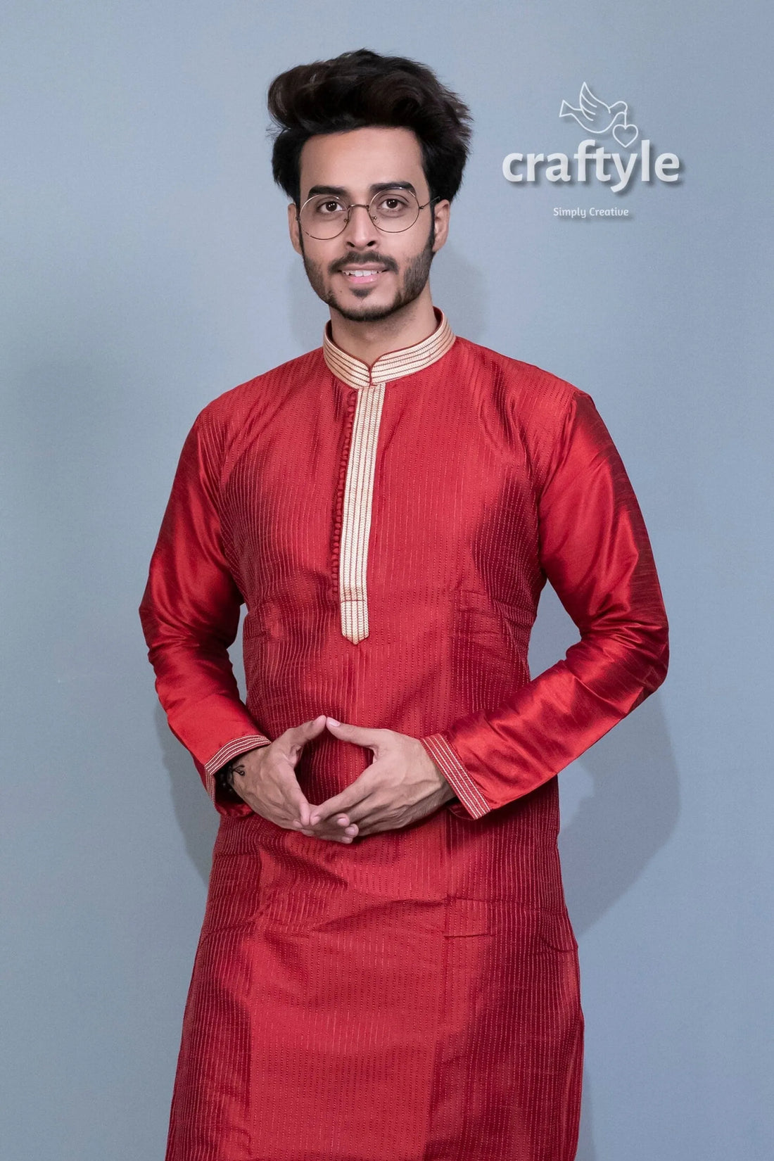 Garnet red men kurta with weave work maroon silk gold trim 2