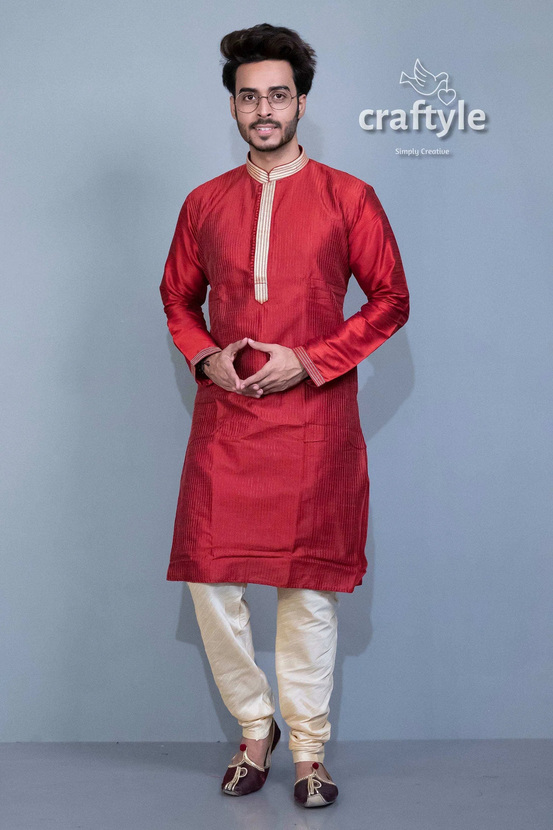 Garnet red men kurta with weave work maroon pajama set 1