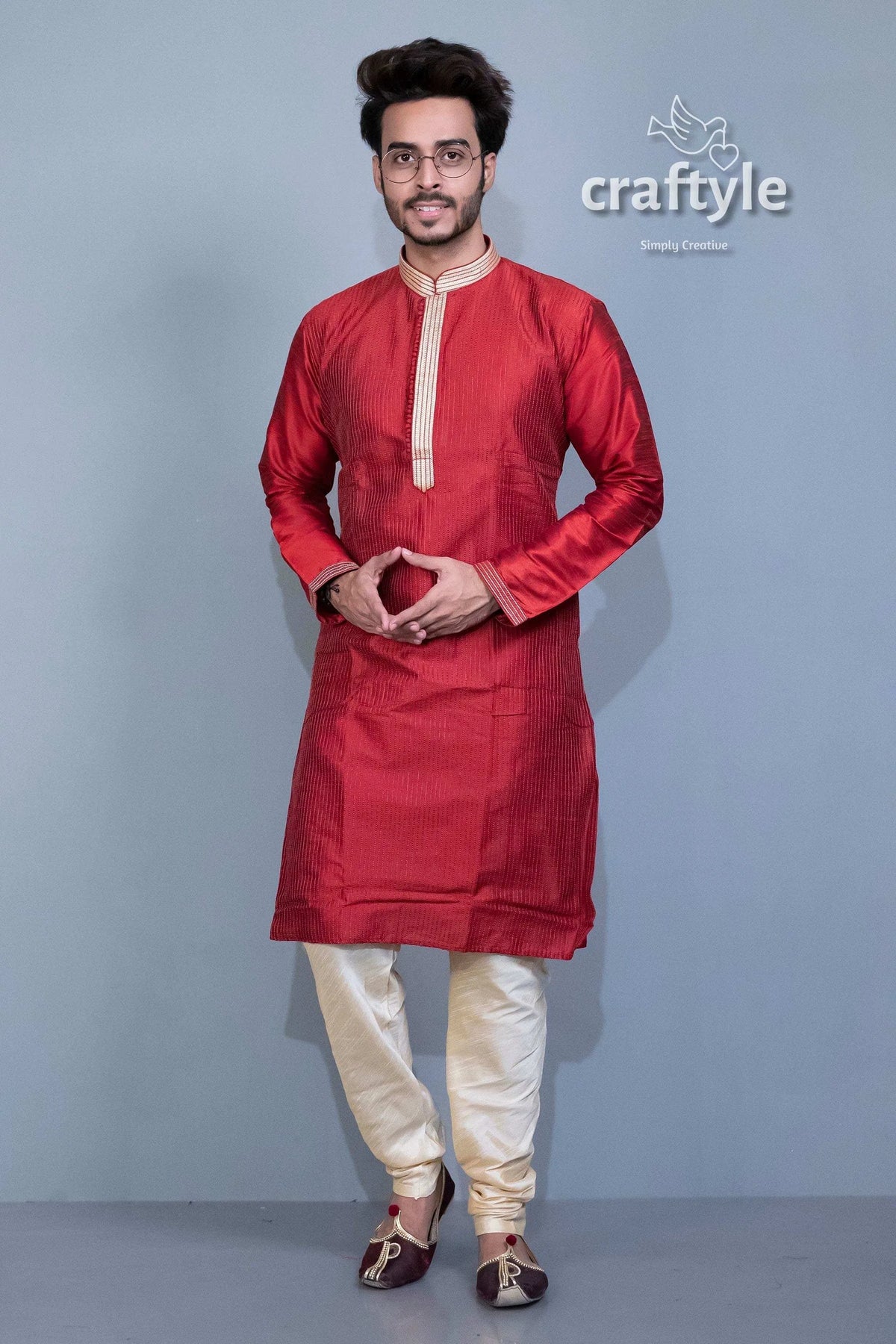 Garnet red men kurta with weave work maroon pajama set 1