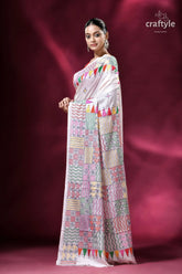 Geometric design white hand stitched silk kantha saree woman patterned white saree 3