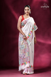 Geometric design white hand stitched silk kantha saree white saree colorful geometric patterns 5