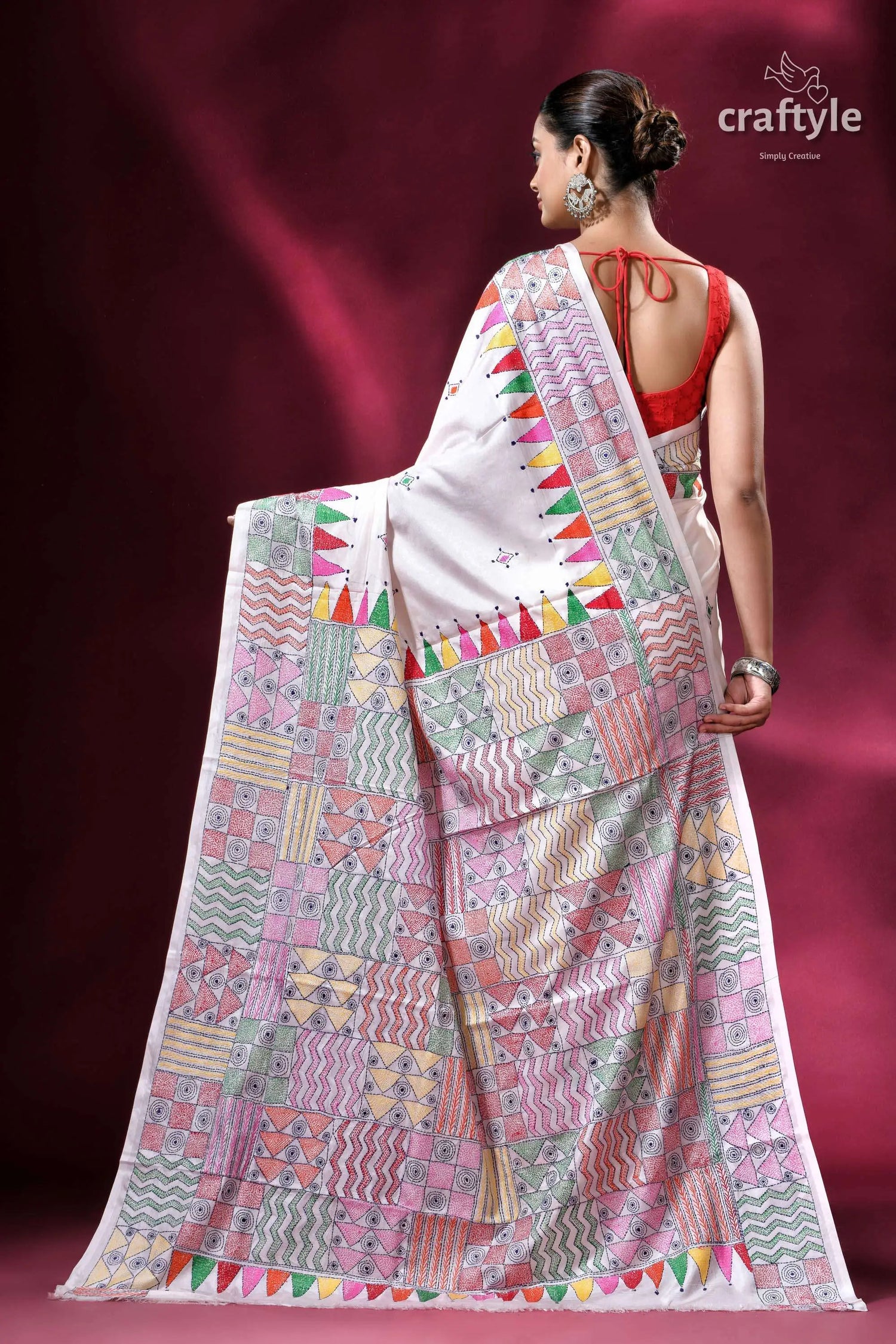 Geometric design white hand stitched silk kantha saree white saree colorful geometric patterns 4