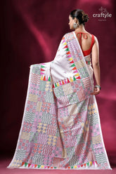 Geometric design white hand stitched silk kantha saree white saree colorful geometric patterns 4