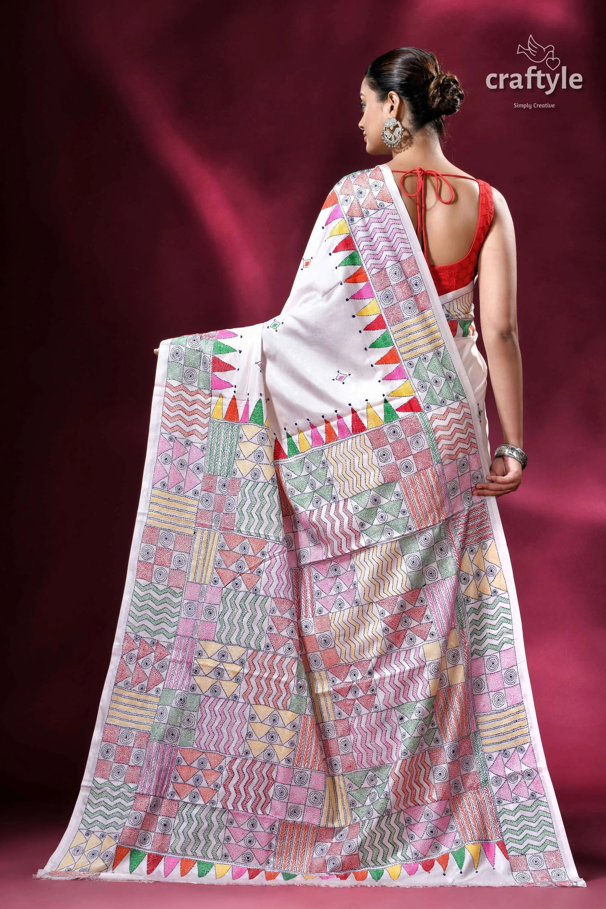 Geometric design white hand stitched silk kantha saree white saree colorful geometric patterns 4