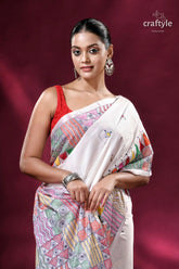 Geometric design white hand stitched silk kantha saree woman white saree colorful geometric 2