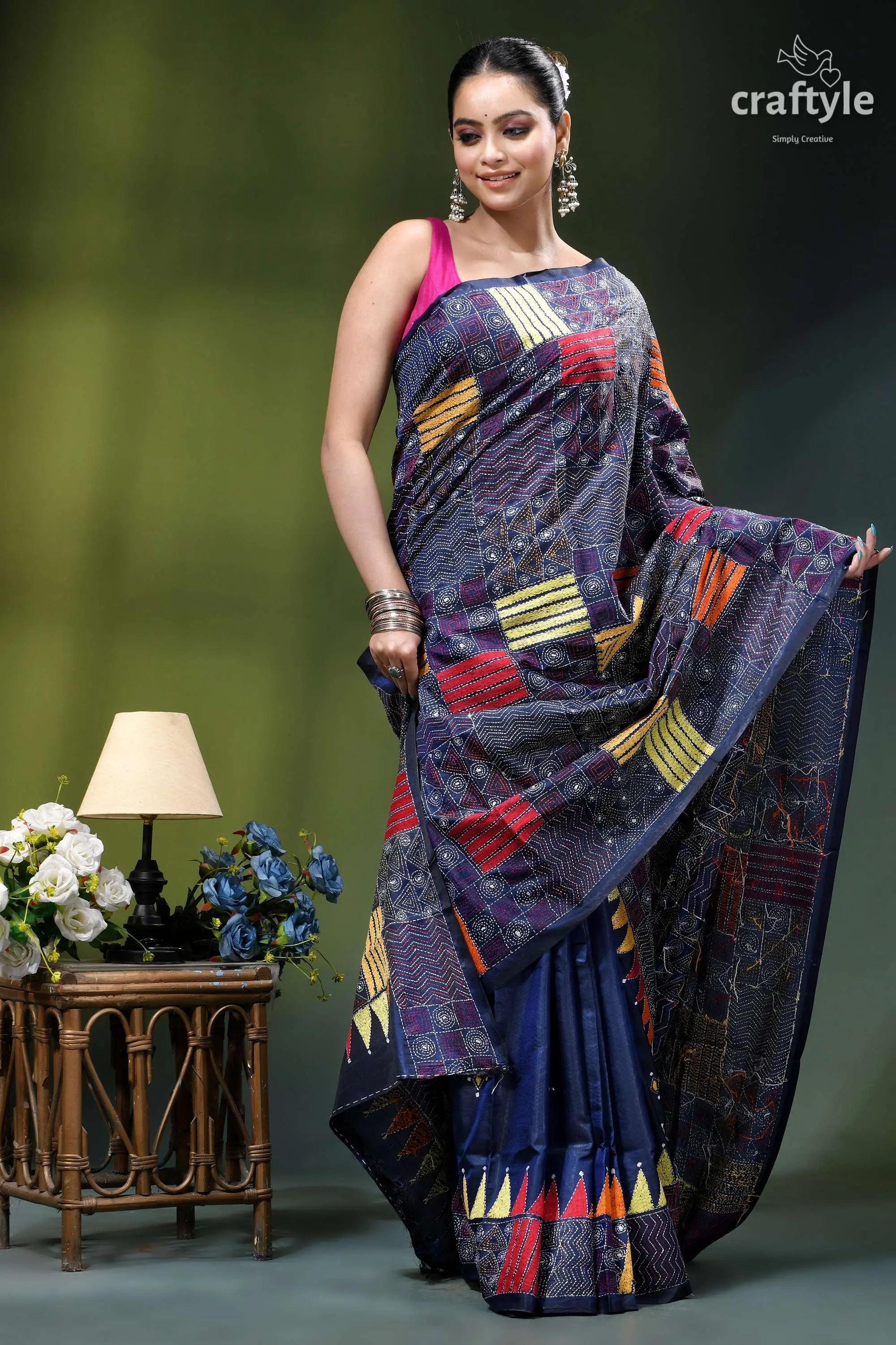 Geometric pattern multicolor silk kantha saree in midnight blue woman wears navy blue saree 4
