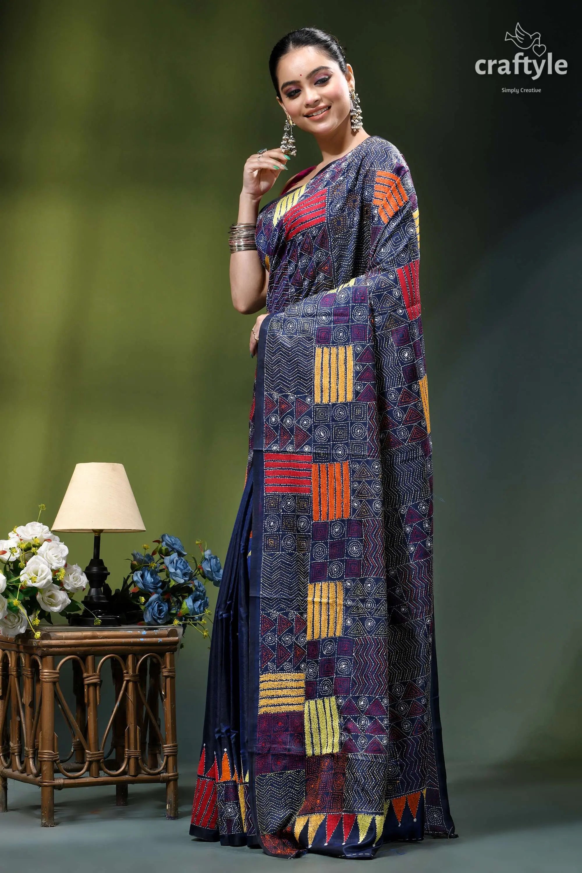 Geometric pattern multicolor silk kantha saree in midnight blue woman wears dark blue saree 3