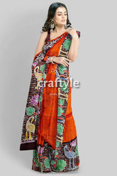 Giants orange floral bird motif hand batik pure mulberry silk saree woman patterned orange saree 3