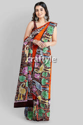 Giants orange floral bird motif hand batik pure mulberry silk saree woman orange saree bird lotus 1