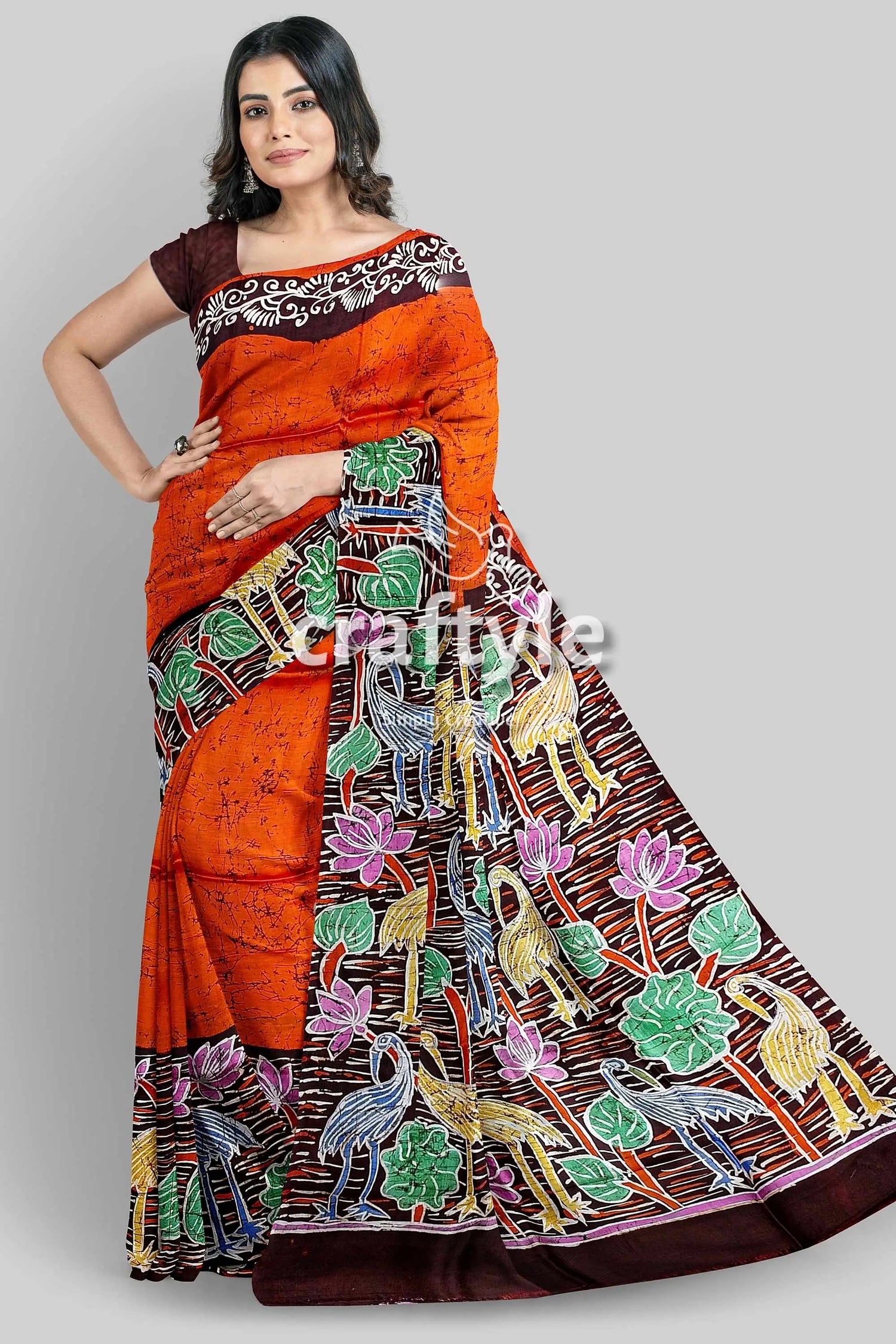 Giants orange floral bird motif hand batik pure mulberry silk saree orange batik saree bird lotus 5