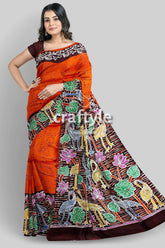 Giants orange floral bird motif hand batik pure mulberry silk saree orange batik saree bird lotus 5