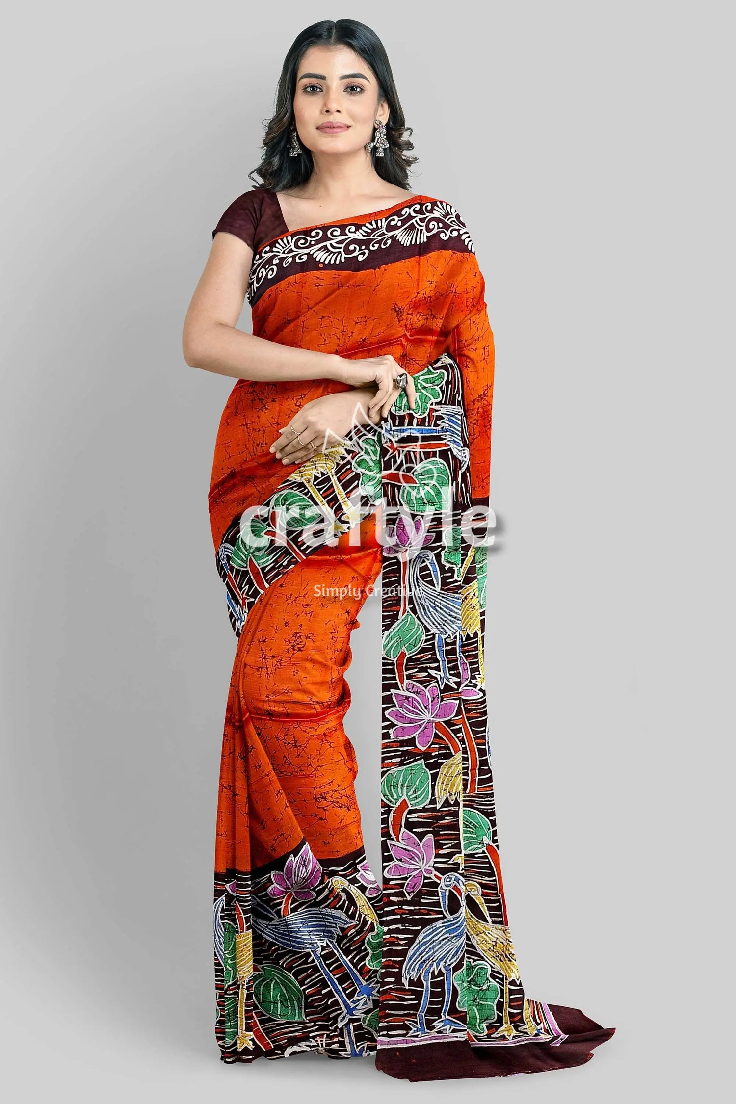 Giants orange floral bird motif hand batik pure mulberry silk saree woman orange batik saree 4