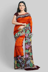 Giants orange floral bird motif hand batik pure mulberry silk saree woman orange batik saree 4